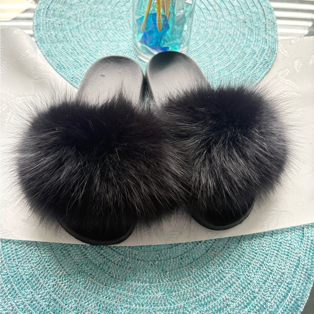 Black Fur Slide Sandals